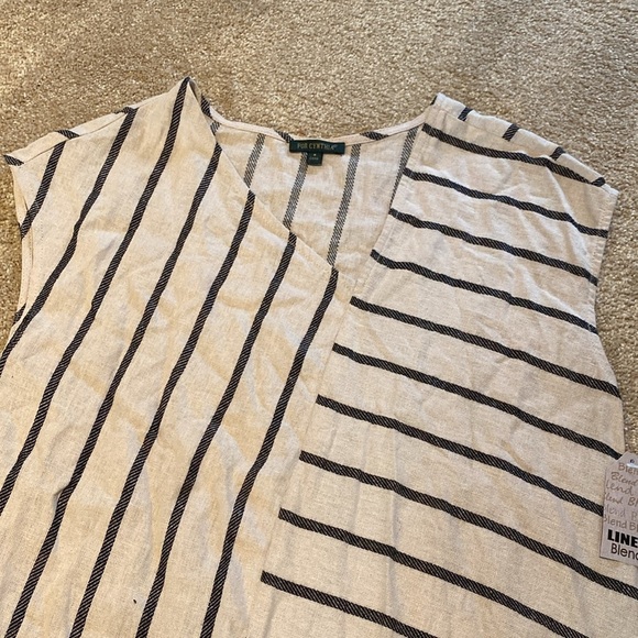 For Cynthia Linen Blend V Neck Cap Sleeve Asymmetrical Tan Black Stripe Dress S - Picture 5 of 6